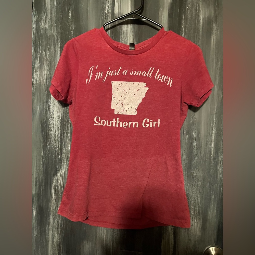 Red t-shirt with 'I'm just a small town Southern Girl' print.